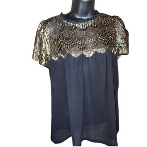 Hazel black and gold sheer top short sleeves size medium, gold neckline